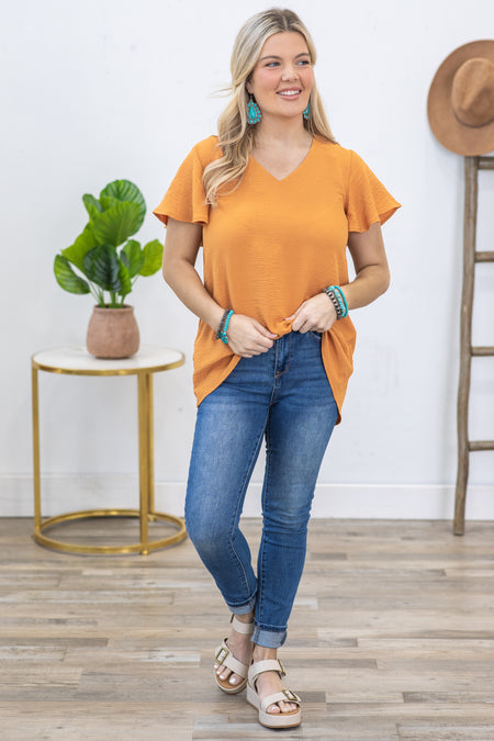 Orange Woven Airflow Flutter Sleeve Top