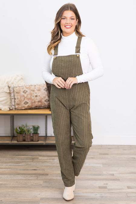 Olive Textured Tonal Stripe Overalls