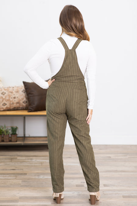 Olive Textured Tonal Stripe Overalls