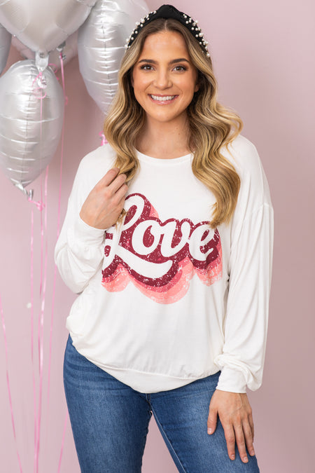 White Multicolor Love Graphic Long Sleeve Top