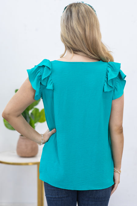 Turquoise V-Neck Airflow Ruffle Detail Top