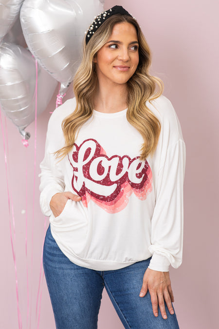 White Multicolor Love Graphic Long Sleeve Top