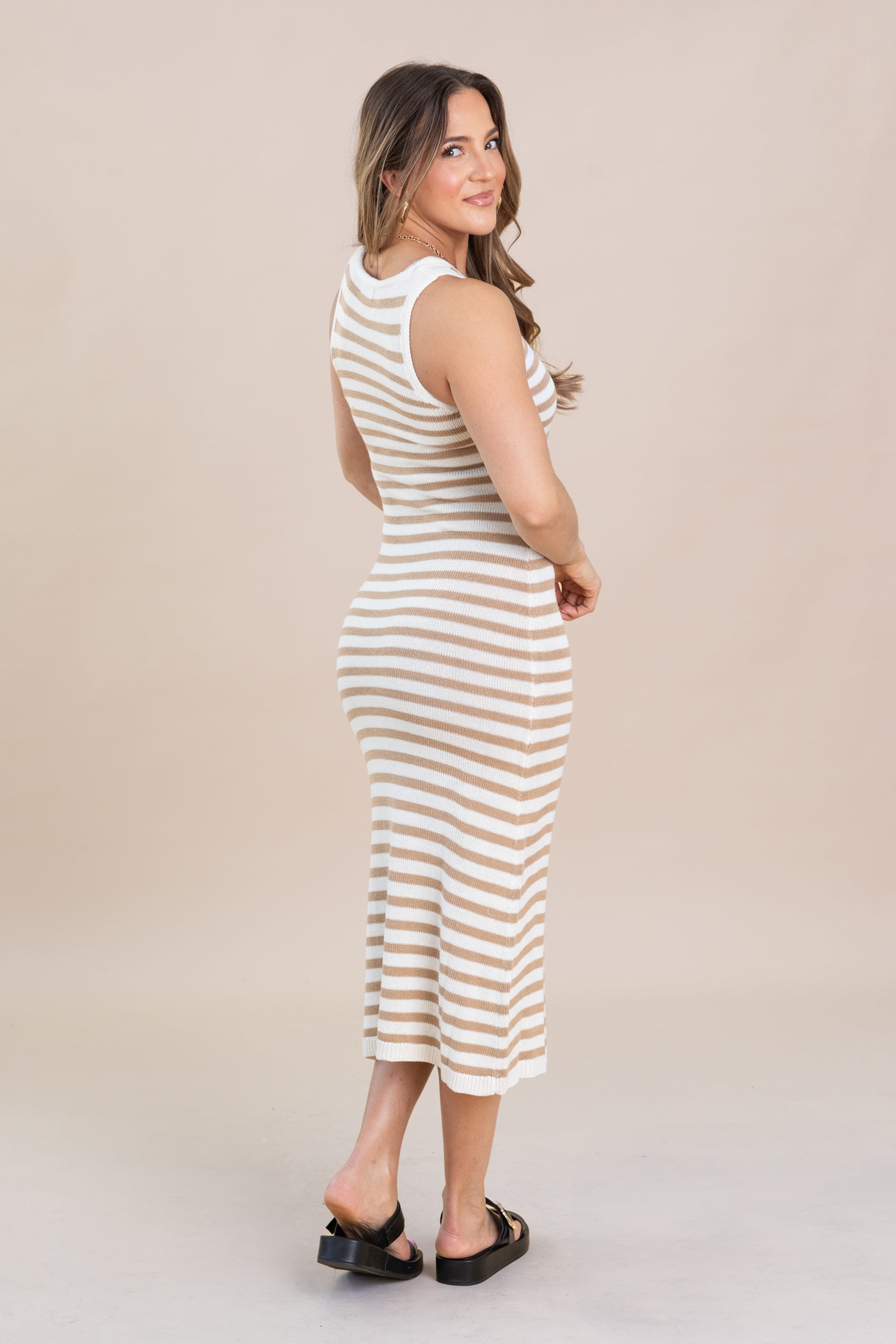 Tan And Ivory Stripe Halter Neck Maxi Dress