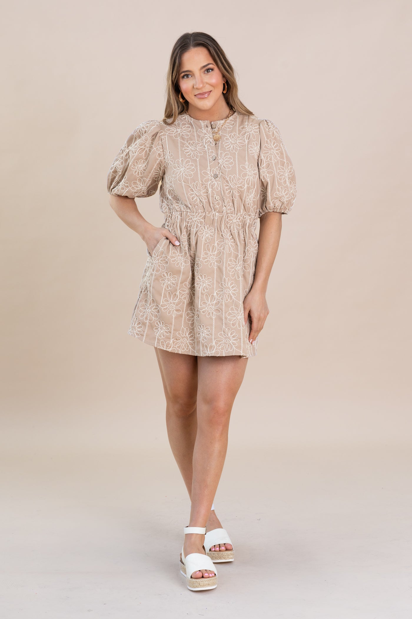 Taupe Floral Embroidered Half Button Up Dress