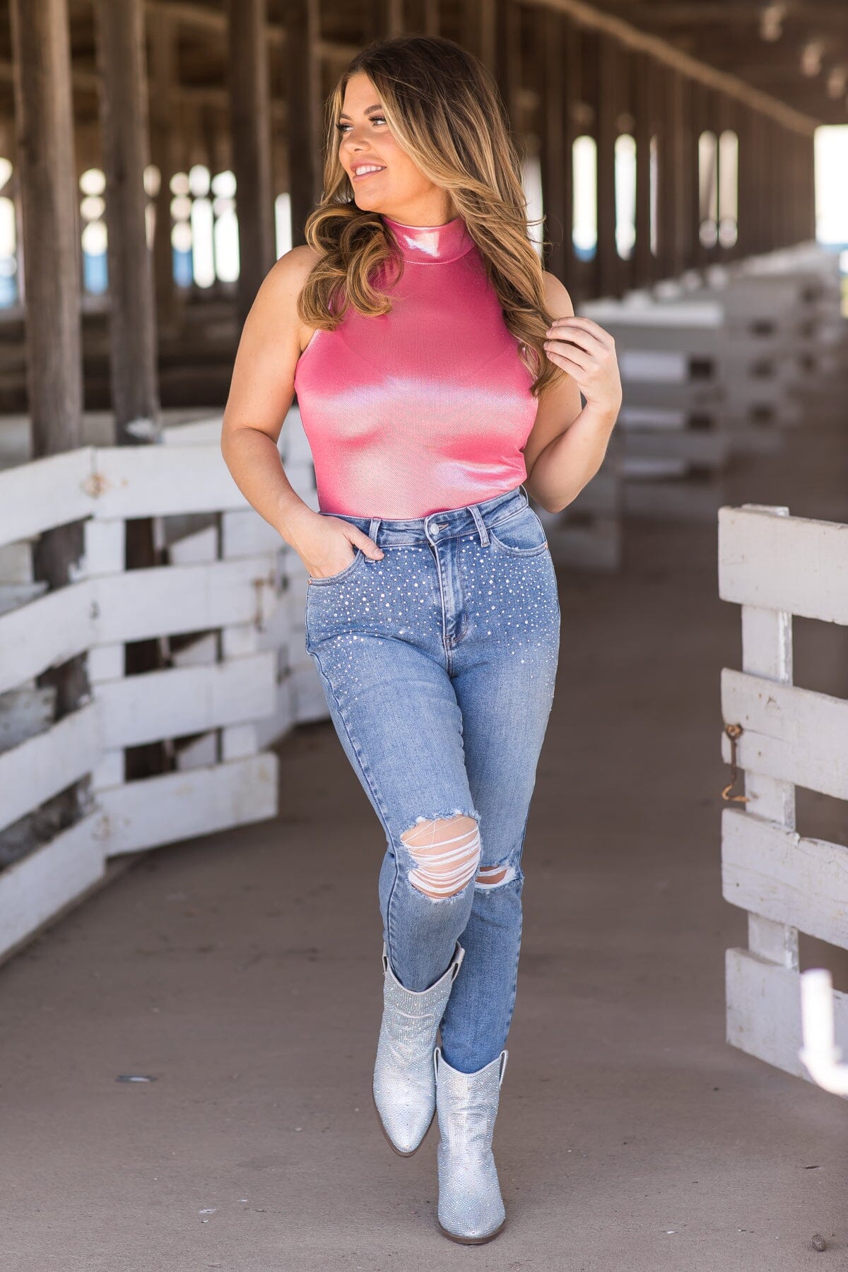 Hot Pink Metallic Mock Neck Bodysuit - Filly Flair