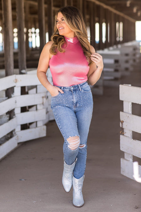 Hot Pink Metallic Mock Neck Bodysuit - Filly Flair