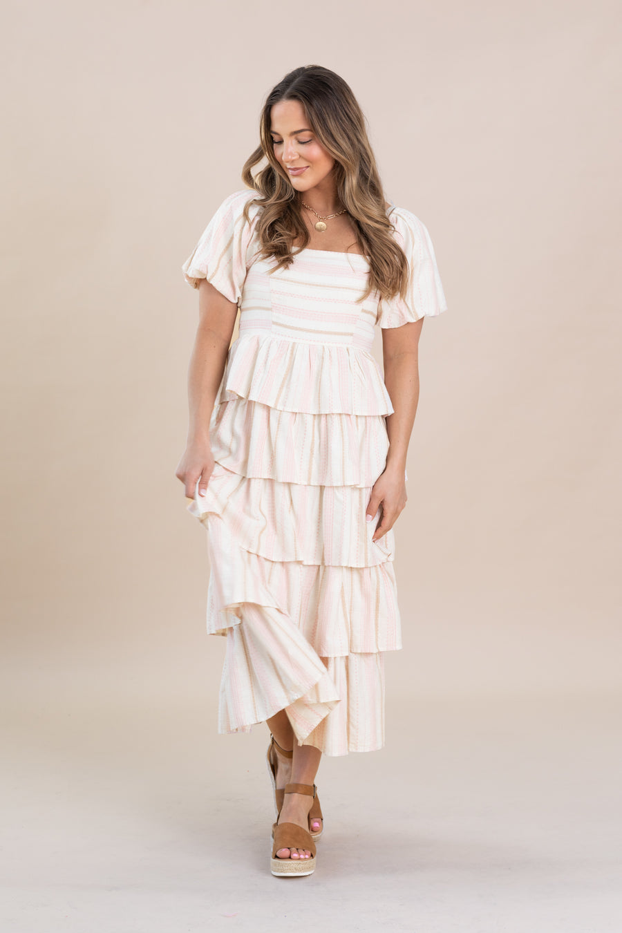 Baby Pink Layered Stripe Midi Flare Dress