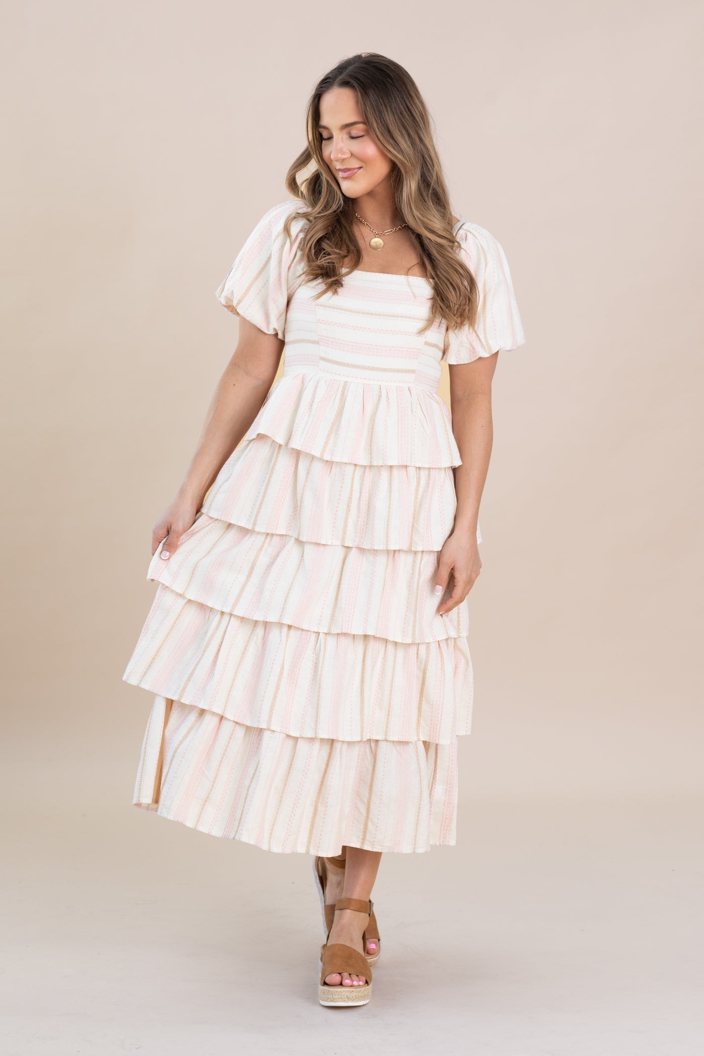 Baby Pink Layered Stripe Midi Flare Dress