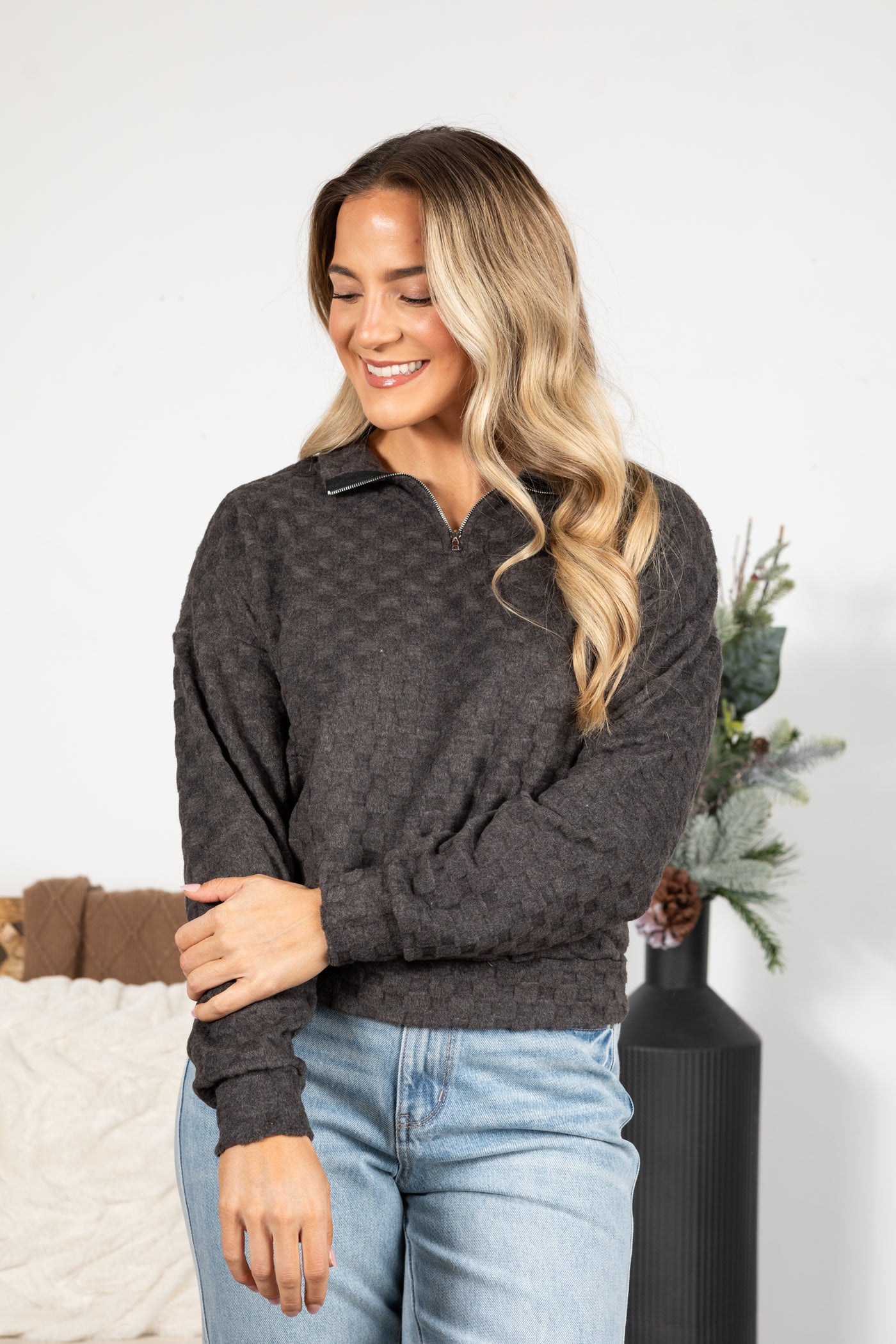 Fuzzy Checkered 1/4 Zip Knit Top