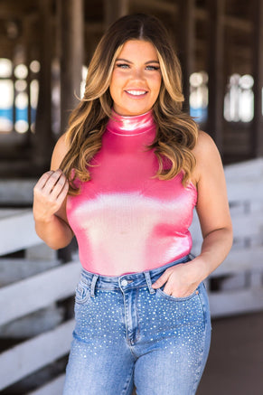 Hot Pink Metallic Mock Neck Bodysuit - Filly Flair