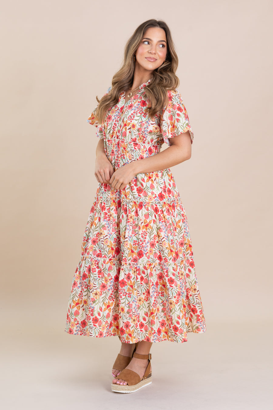 Coral Floral Tiered Maxi Dress