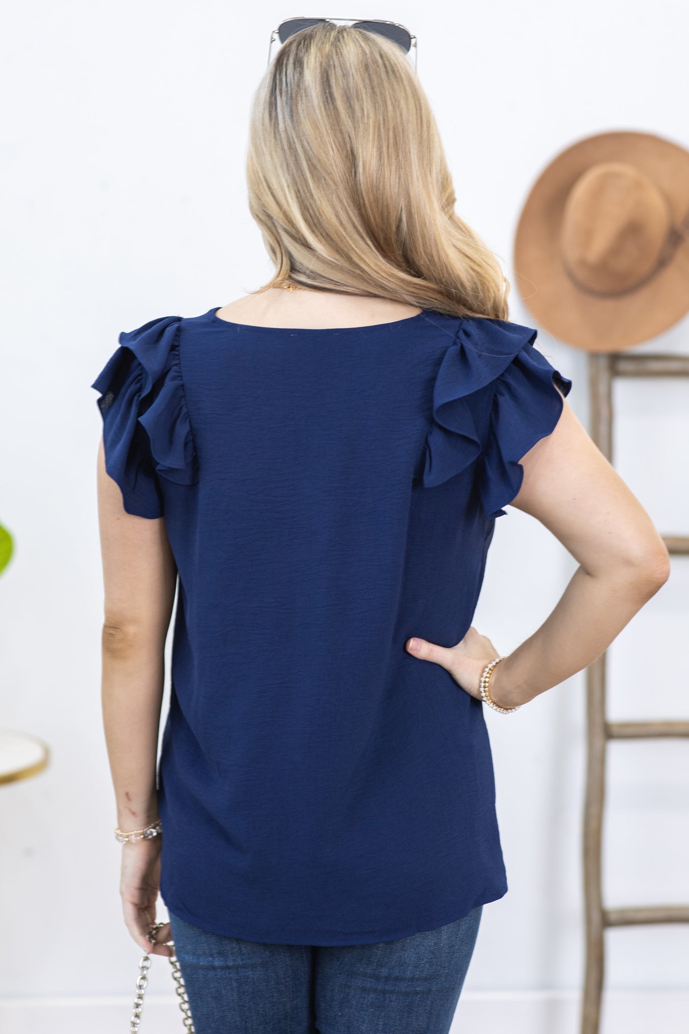 Navy V-Neck Airflow Ruffle Detail Top