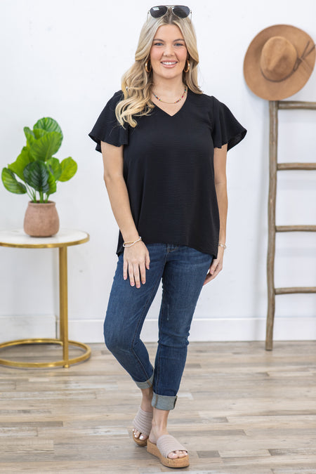 Black Woven Airflow Flutter Sleeve Top