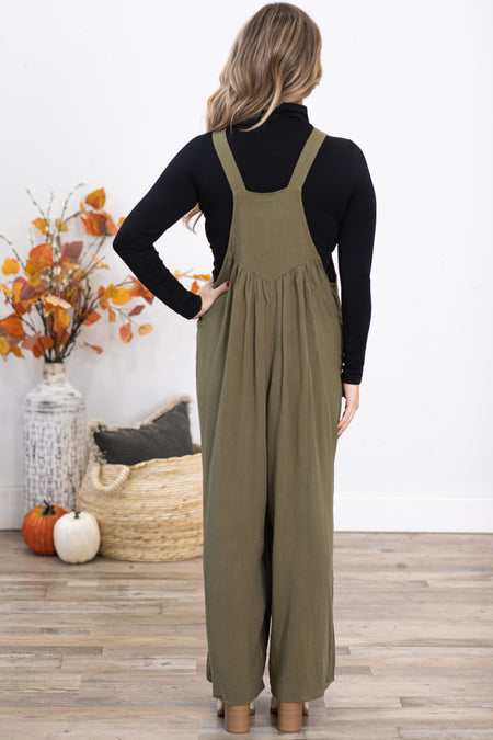 Olive Wide Leg Overalls With Pleats