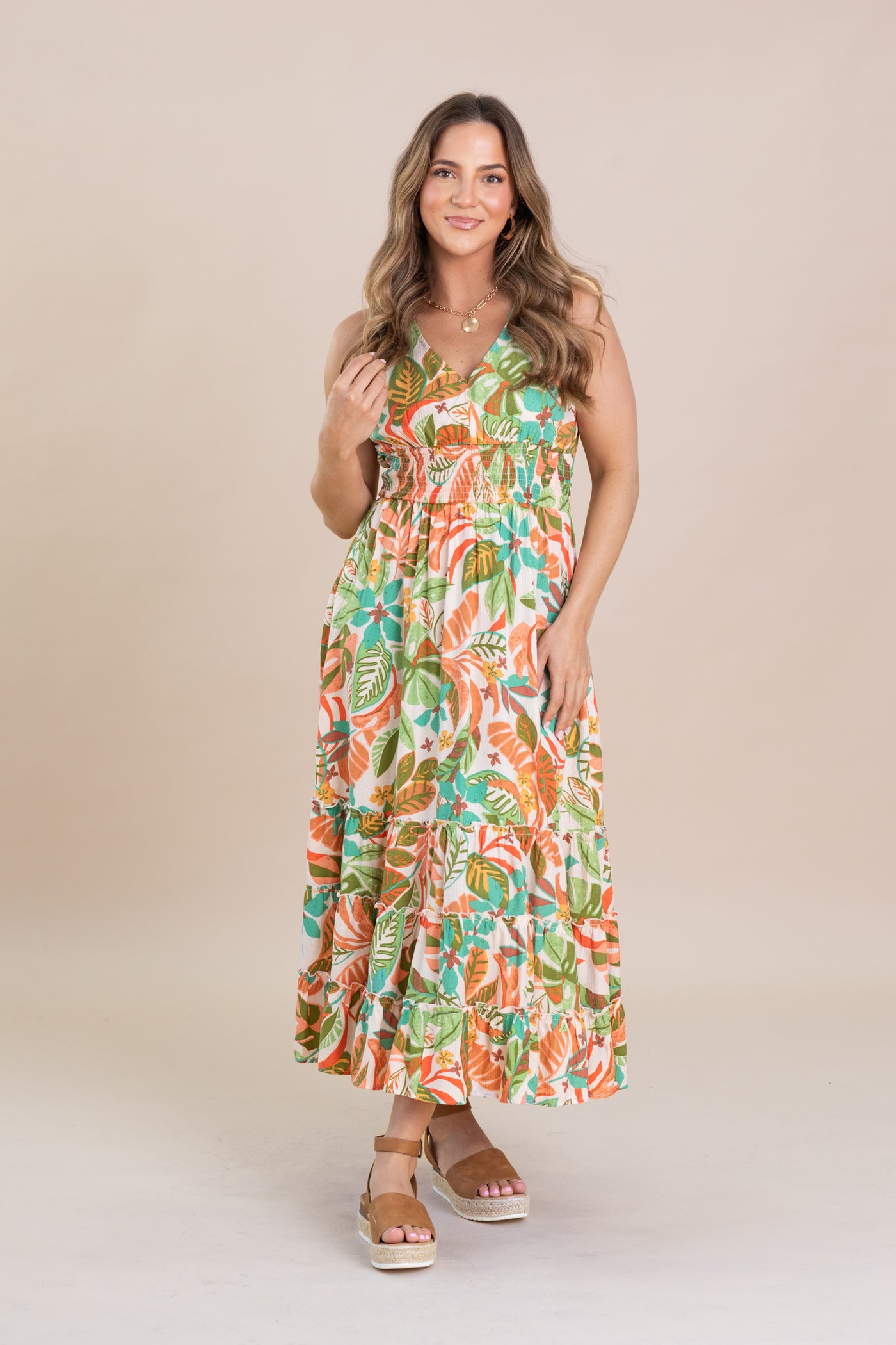 Sage Printed Peach Blossom Maxi Dress