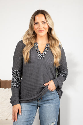 Charcoal Eyelet Trim Neck Waffle Knit Top