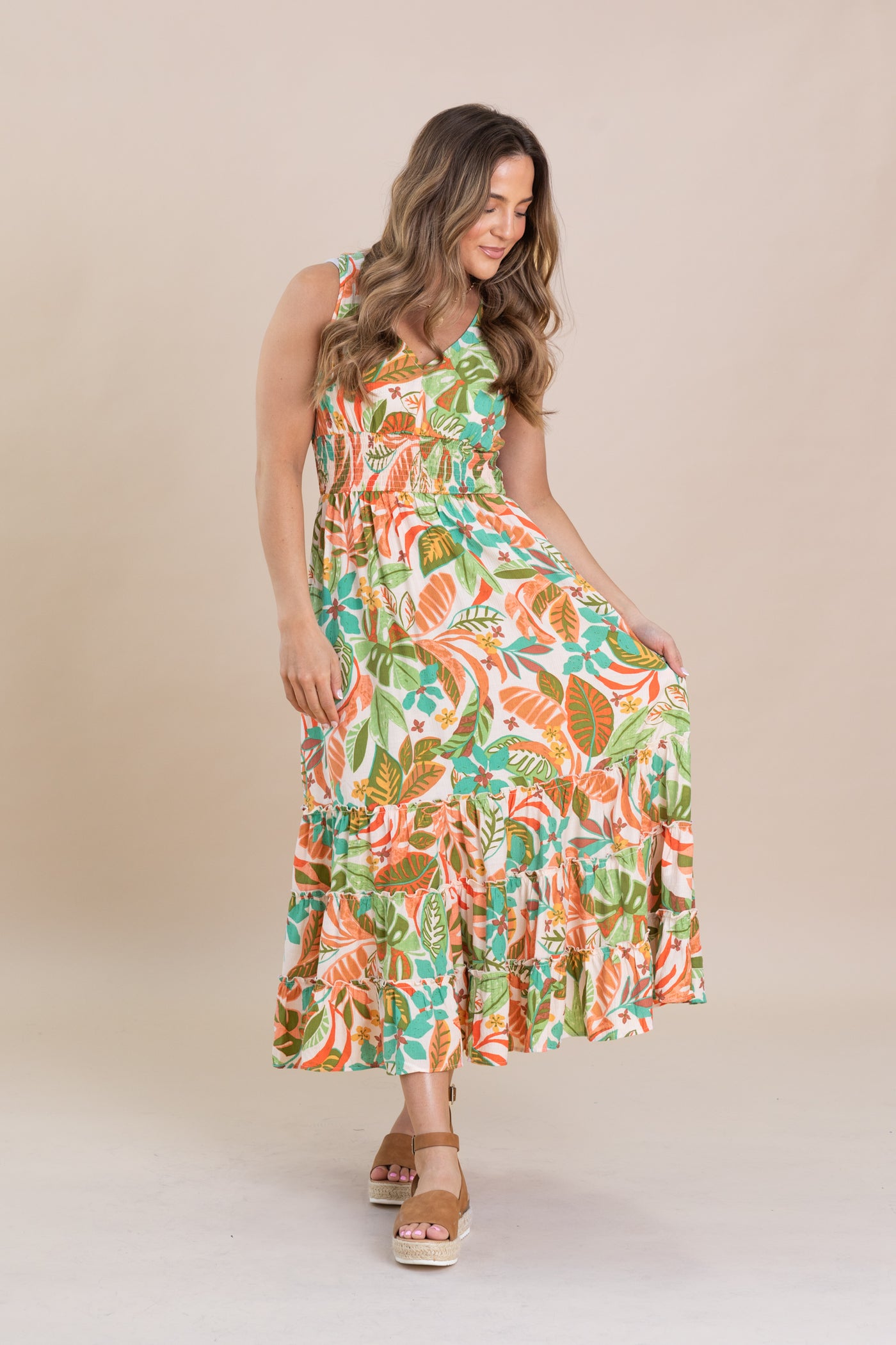 Sage Printed Peach Blossom Maxi Dress