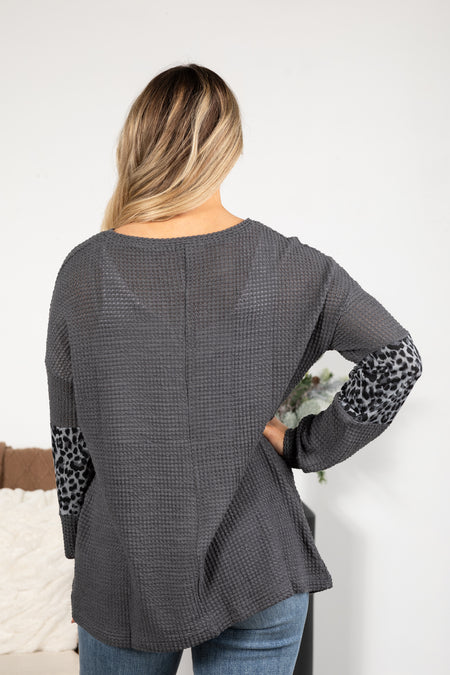 Charcoal Eyelet Trim Neck Waffle Knit Top