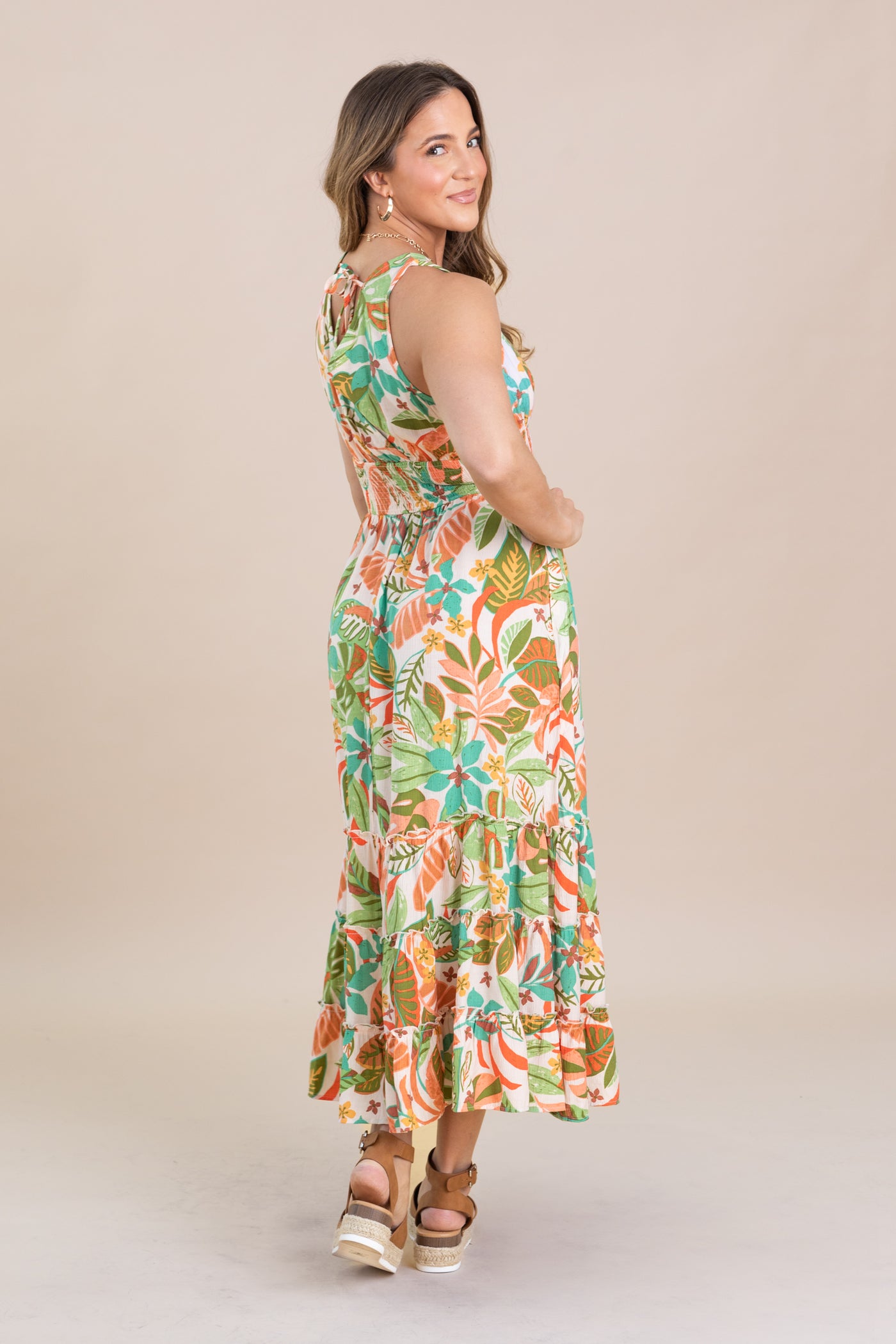 Sage Printed Peach Blossom Maxi Dress