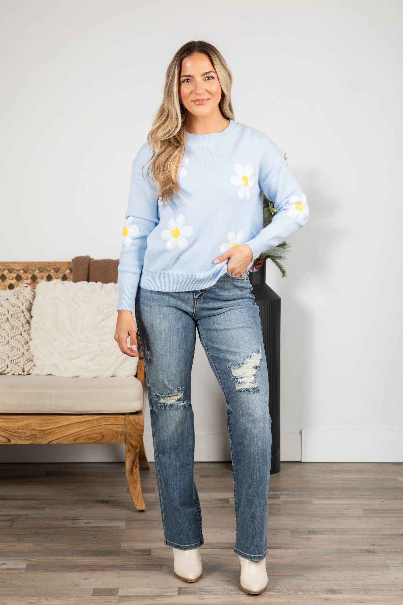 Knit Sweater With Sequin Flowers