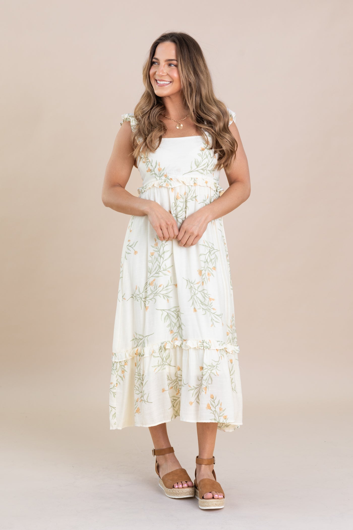 Ivory Floral Ruffle Detail Midi Dress