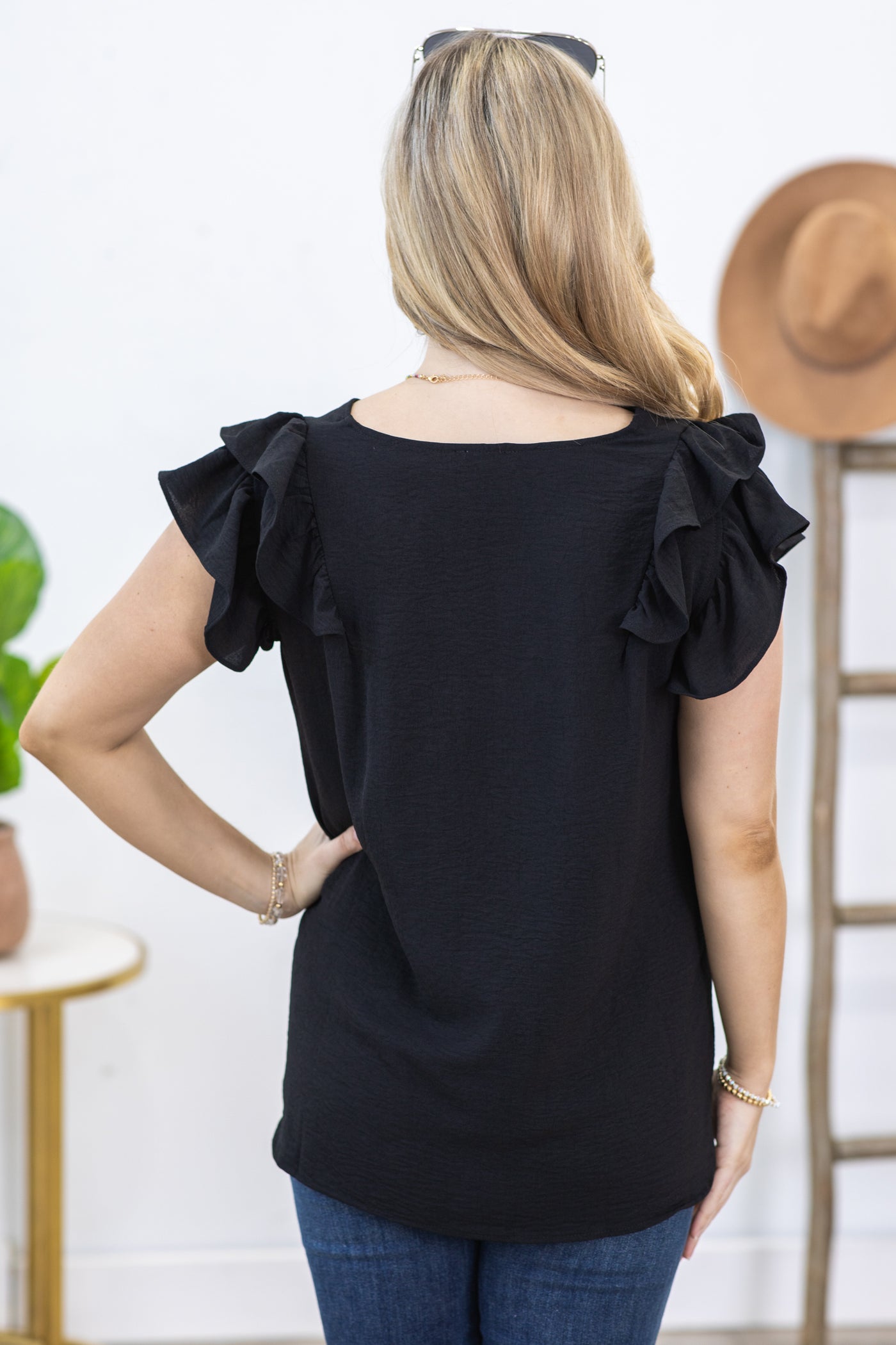 Black V-Neck Airflow Ruffle Detail Top