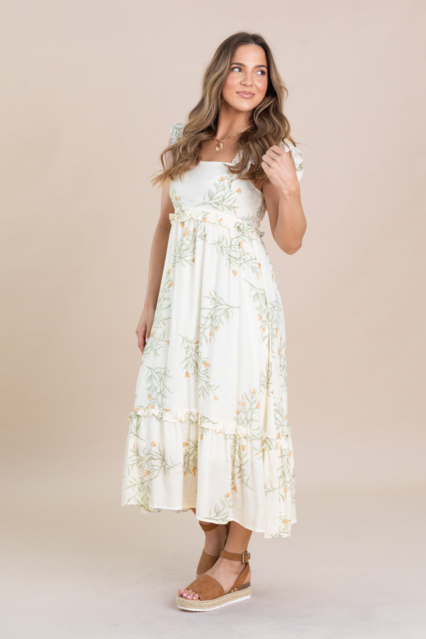 Ivory Floral Ruffle Detail Midi Dress