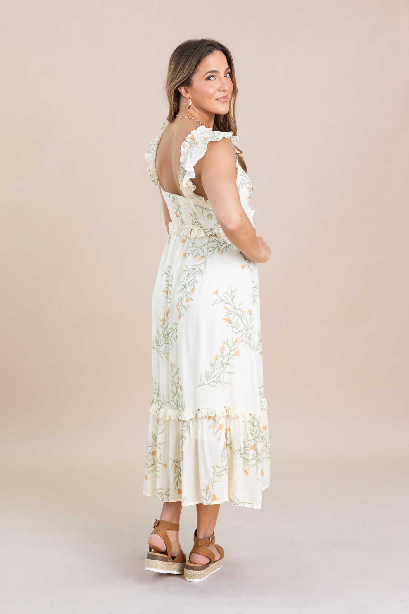 Ivory Floral Ruffle Detail Midi Dress