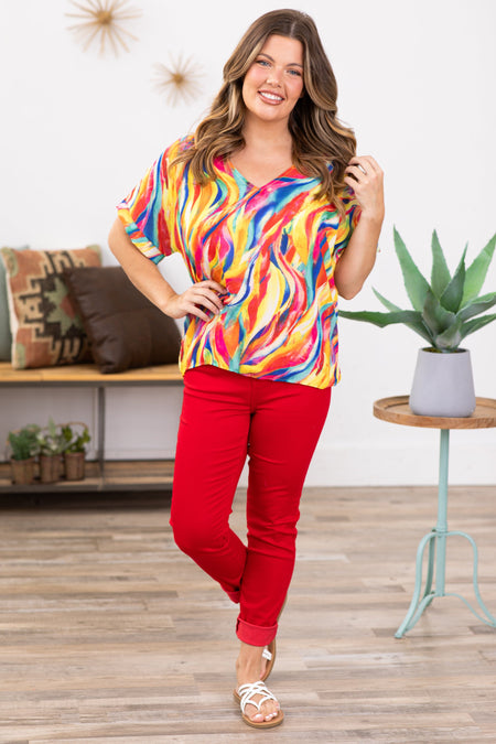 Red and Yellow Multicolor Abstract Print Top - Filly Flair