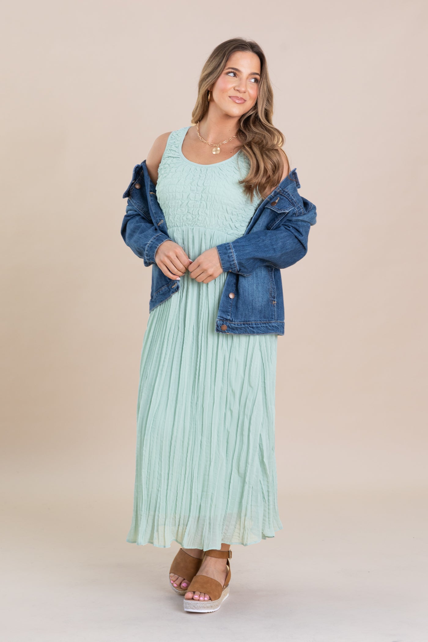 Sage Textured Smocked Tank Babydoll Maxi Dress