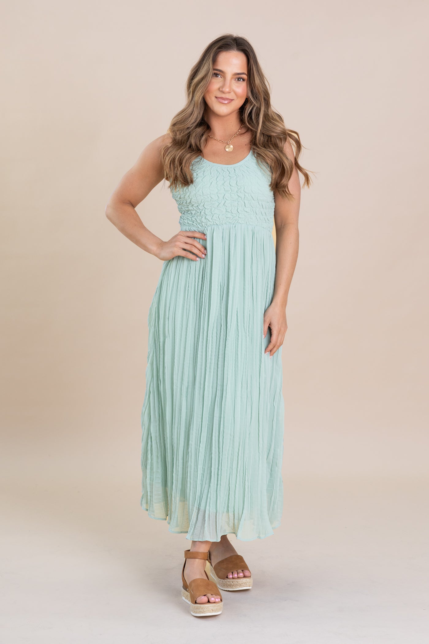 Sage Textured Smocked Tank Babydoll Maxi Dress