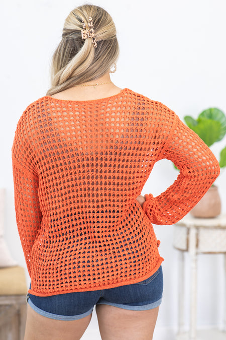 Orange Open Knit Crochet Bell Sleeve Knit Top