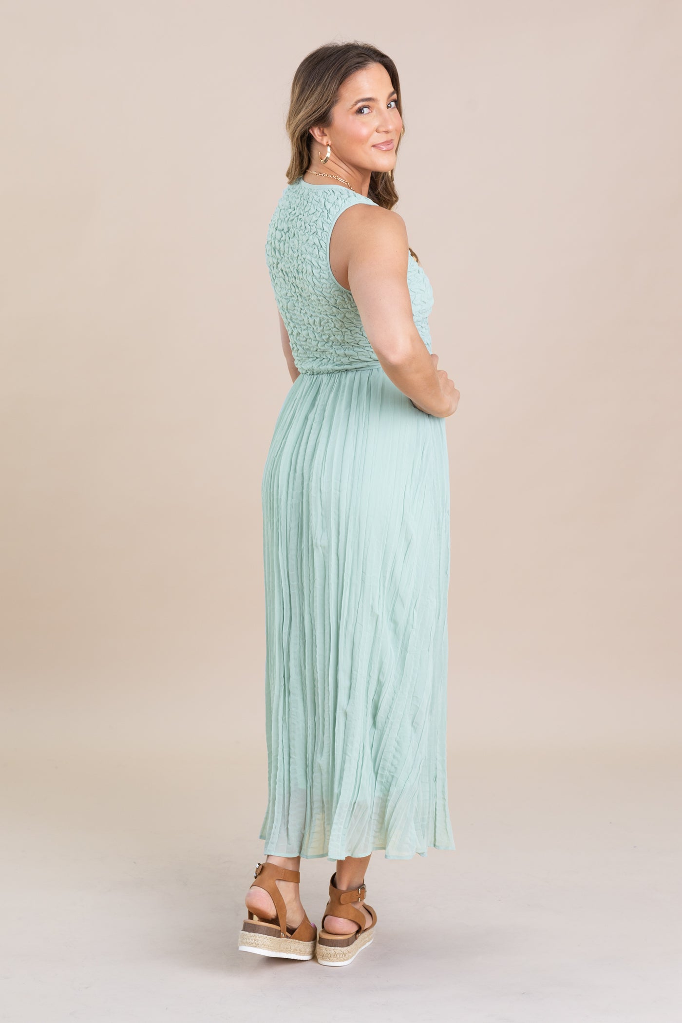 Sage Textured Smocked Tank Babydoll Maxi Dress