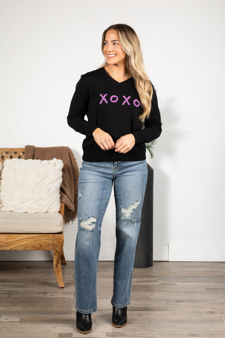 Black With Purple XO Glitter Knit Sweater Top