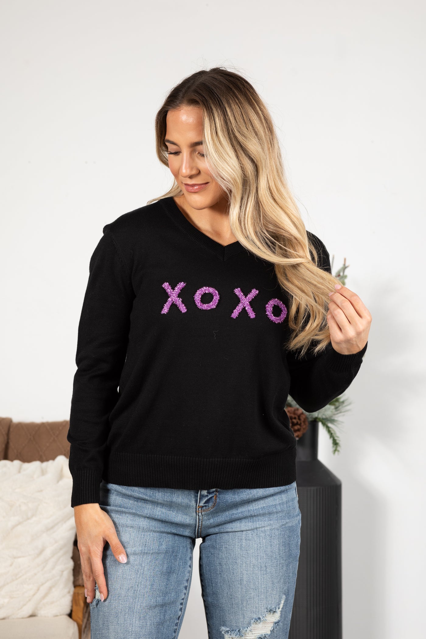 Black With Purple XO Glitter Knit Sweater Top