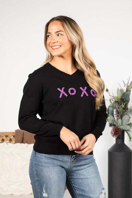 Black With Purple XO Glitter Knit Sweater Top