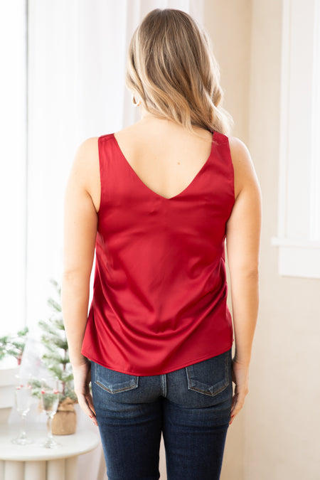 Burgundy Satin V-Neck Tank Top