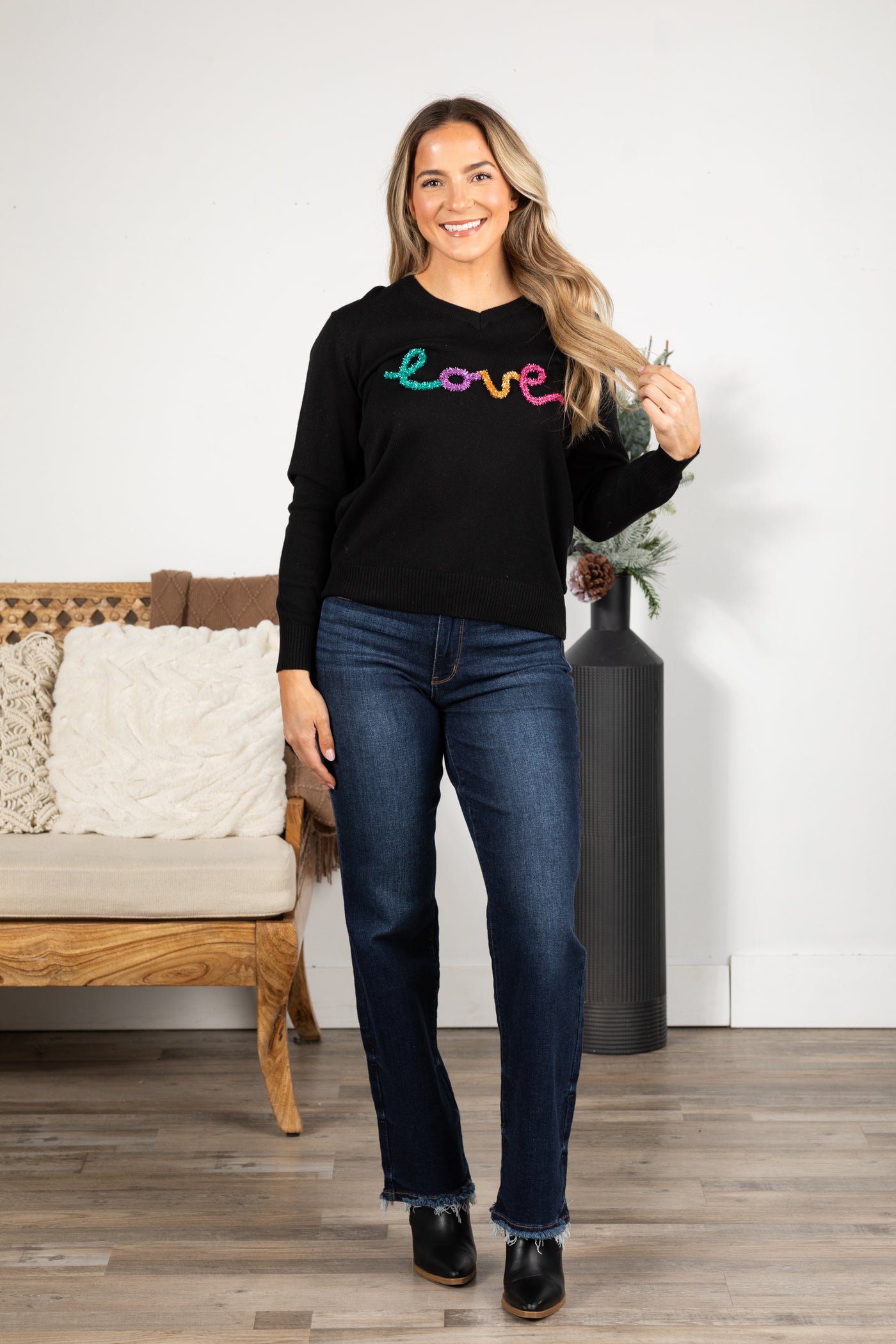 Black With Glitter Love Letter Sweater Top