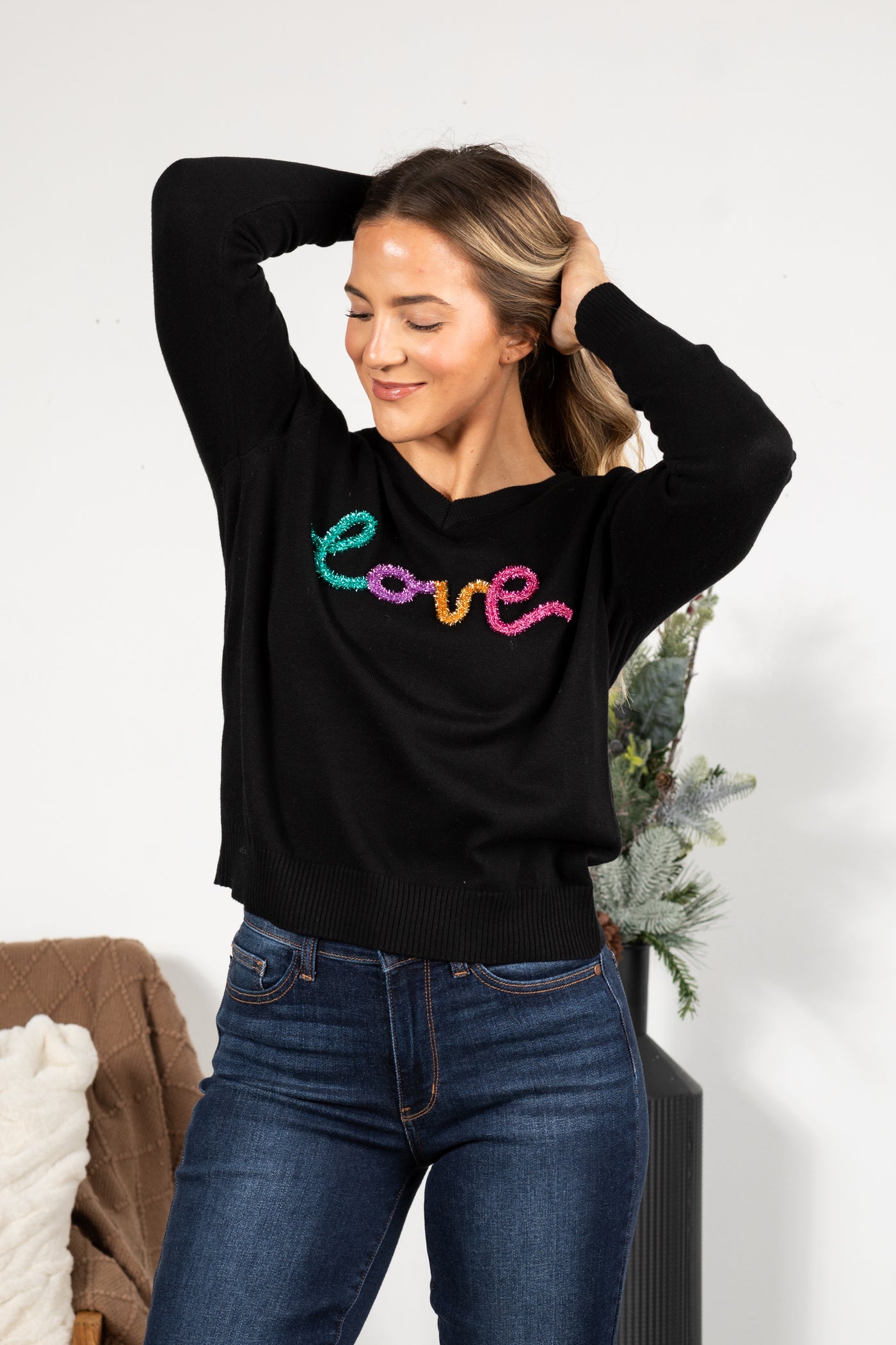 Black With Glitter Love Letter Sweater Top