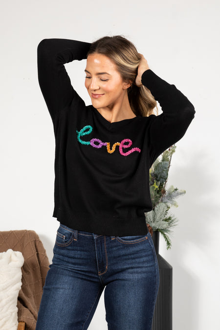 Black With Glitter Love Letter Sweater Top