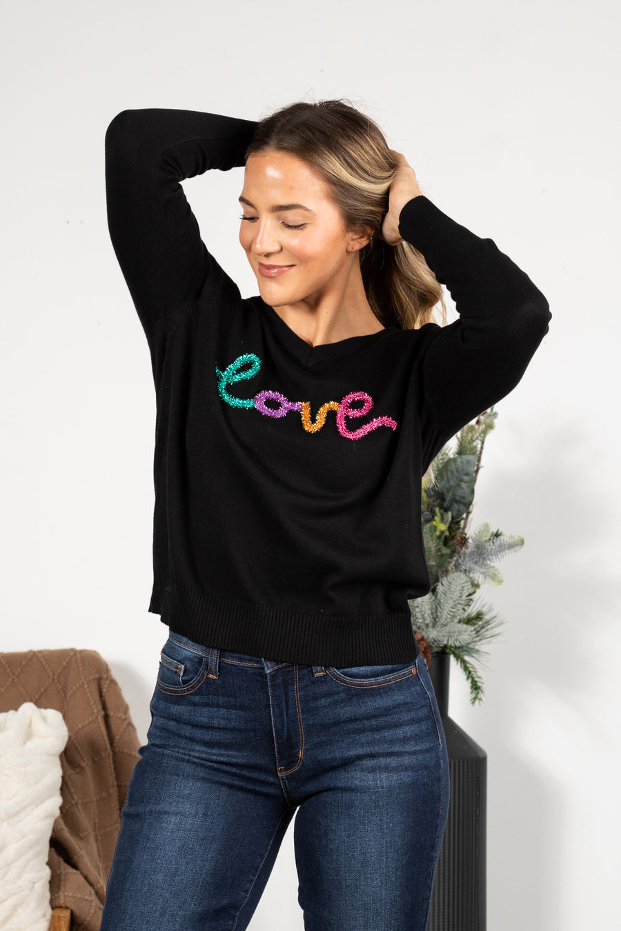 Black With Glitter Love Letter Sweater Top