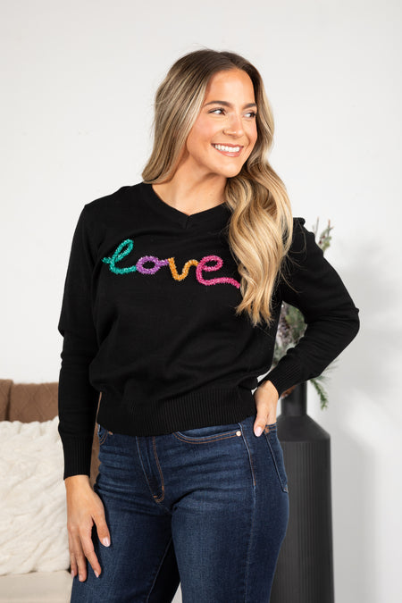 Black With Glitter Love Letter Sweater Top