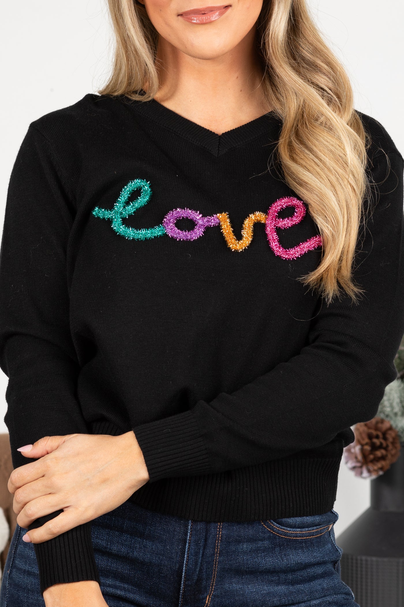 Black With Glitter Love Letter Sweater Top