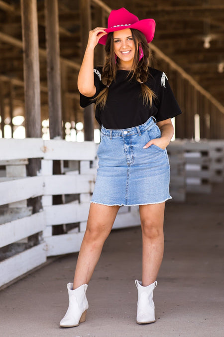 Black Short Sleeve Top With Beaded Fringe - Filly Flair