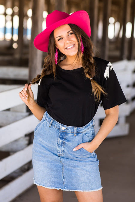 Black Short Sleeve Top With Beaded Fringe - Filly Flair