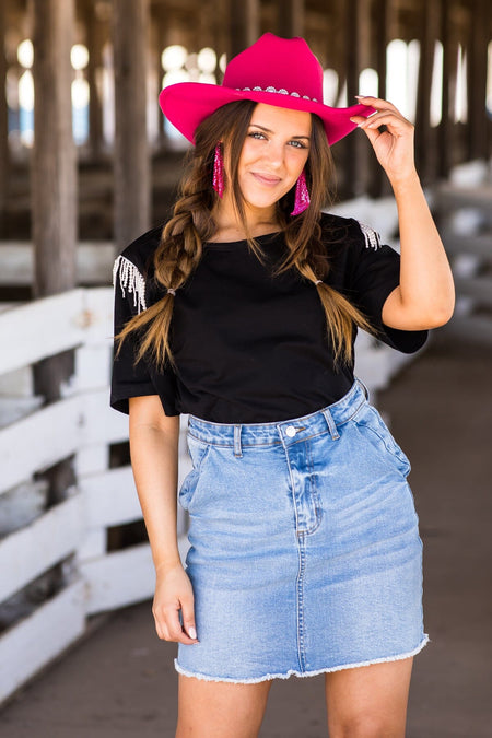 Black Short Sleeve Top With Beaded Fringe - Filly Flair