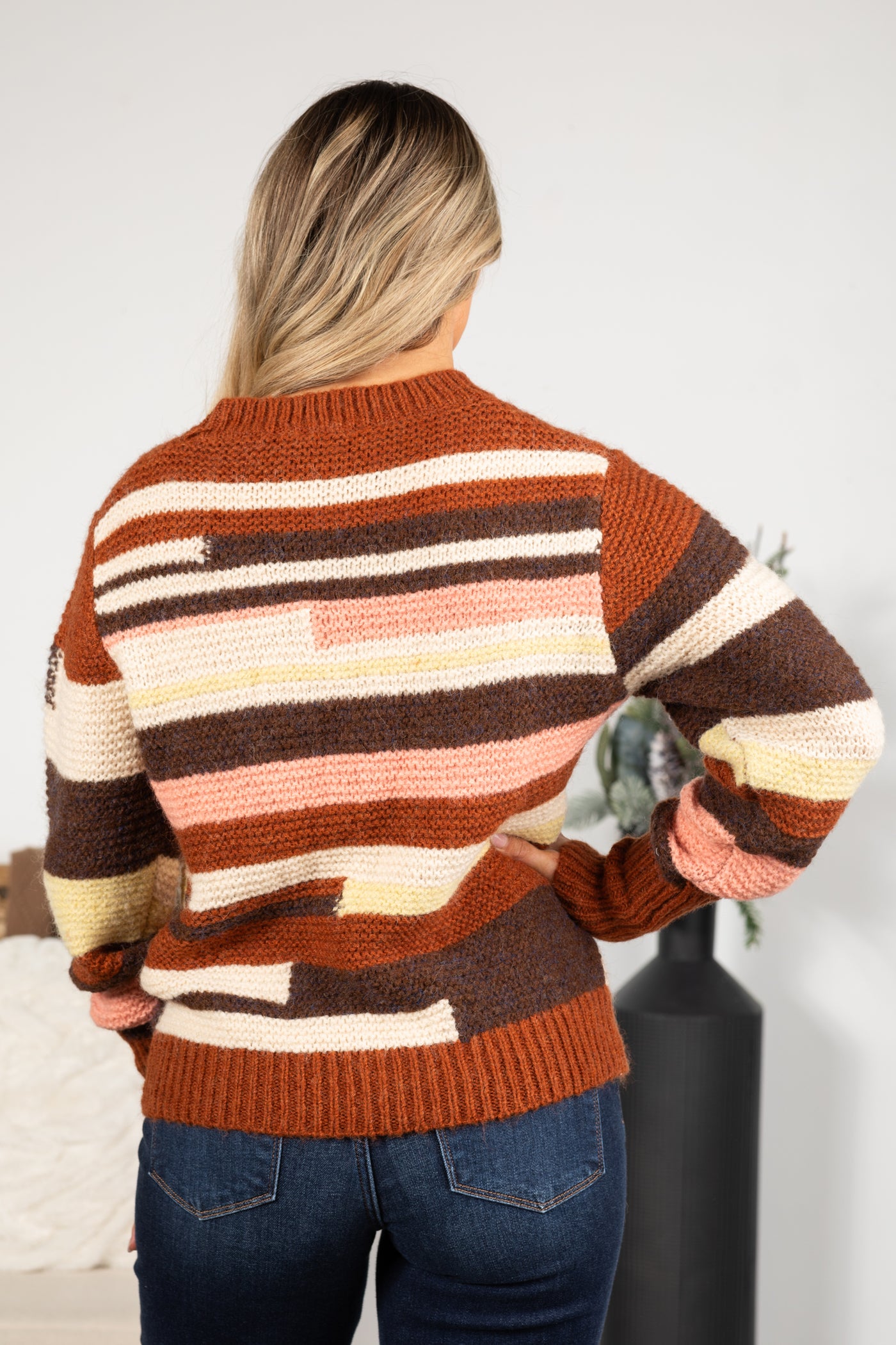 Burnt Orange Multicolor Stripes Sweater