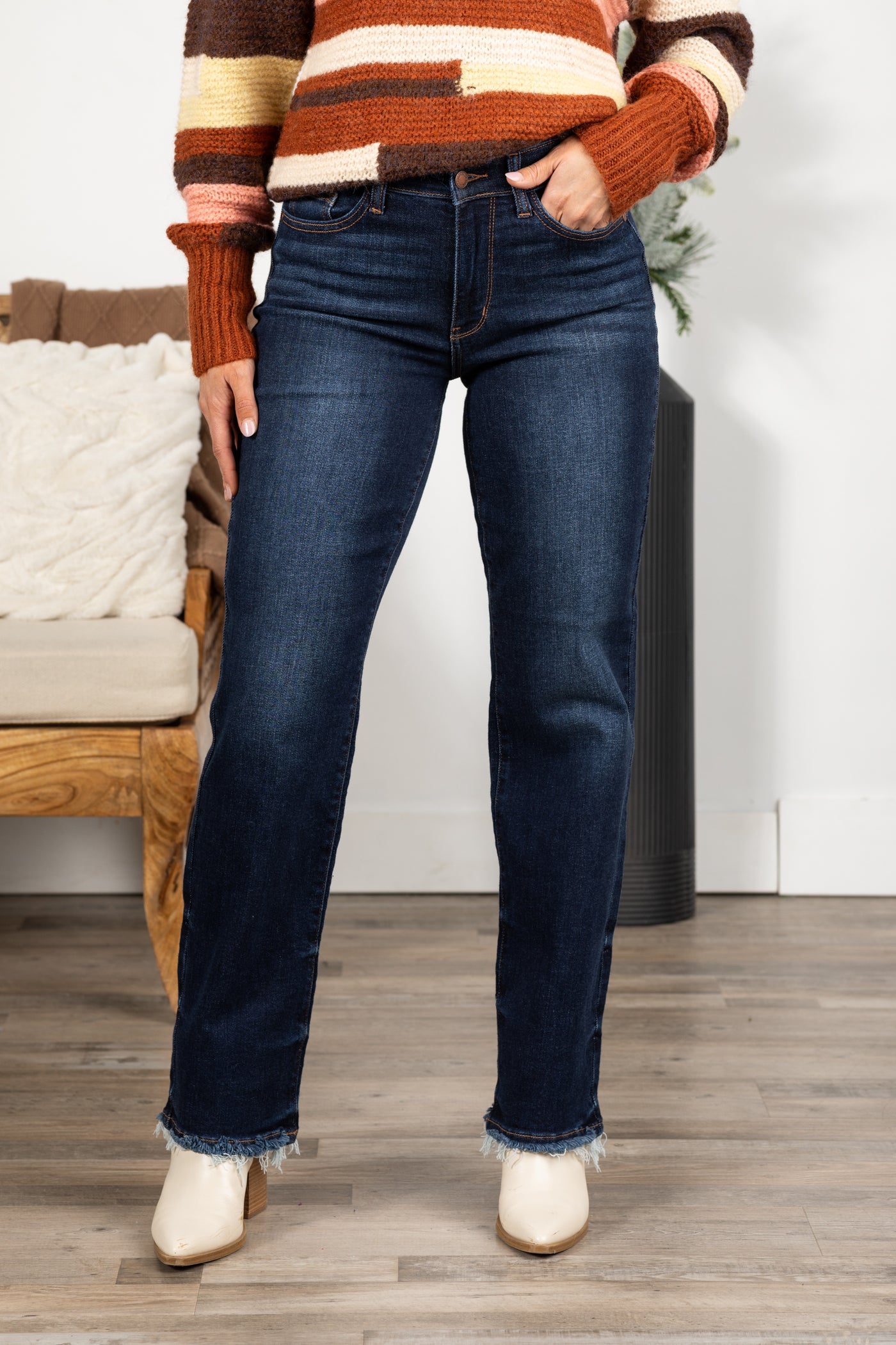 Judy Blue Dark Straight Leg Fray Hem Jeans