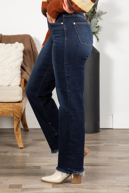 Judy Blue Dark Straight Leg Fray Hem Jeans