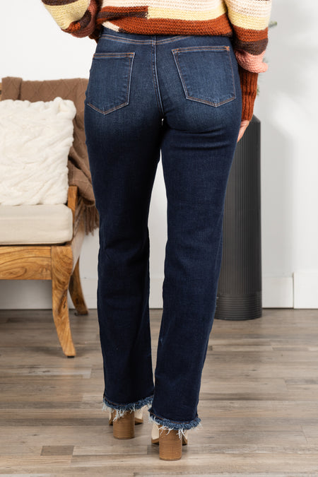 Judy Blue Dark Straight Leg Fray Hem Jeans